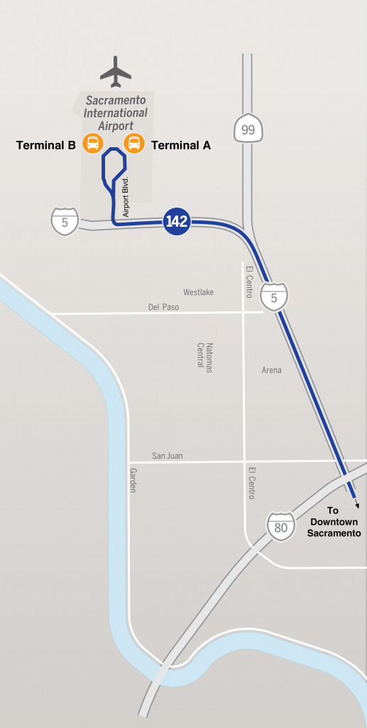 Map of Sacramento Airport Express Route 142 stops and light rail connections