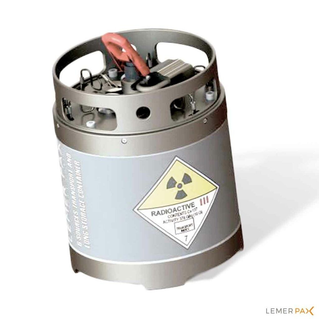 Remote Handling Shielded Container: Depicting a container designed for remote operation, featuring a lid that can be handled remotely and a system for lifting the radioactive source.