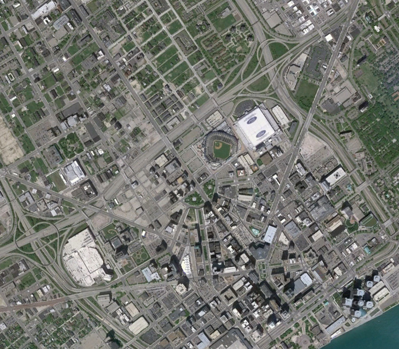Downtown Detroit in 2010, reflecting urban decline and car-dominated infrastructure.