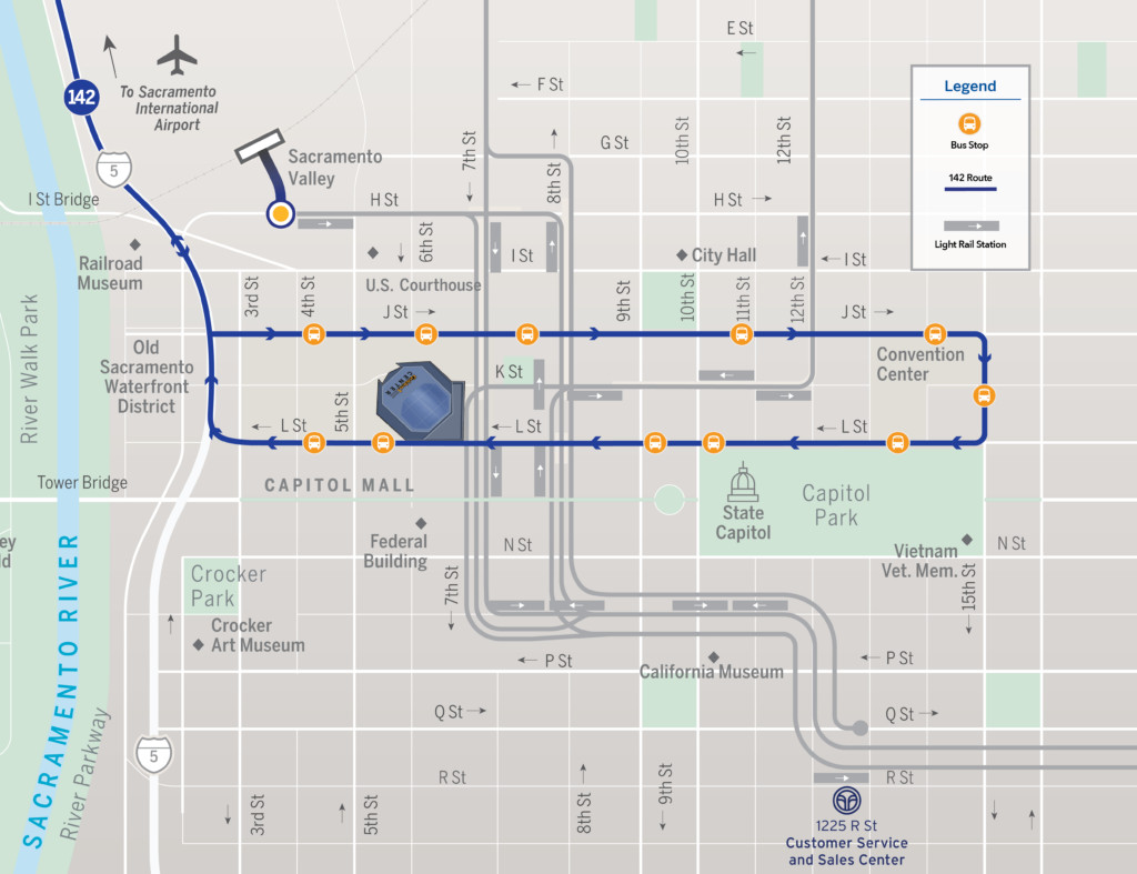Map showing downtown Sacramento Route 142 bus stops
