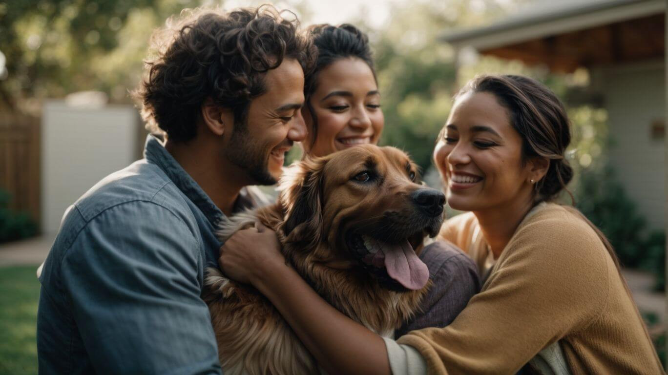 A group of people rehoming their dog in front of their home.