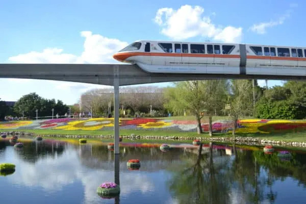 Disney Monorail train decorated with floral designs
