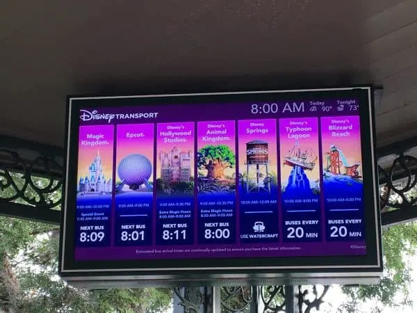 Digital Bus Schedule Display at a Disney Resort Bus Stop