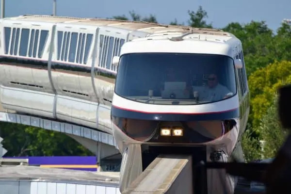 Exterior shot of a Disney Monorail train on the track