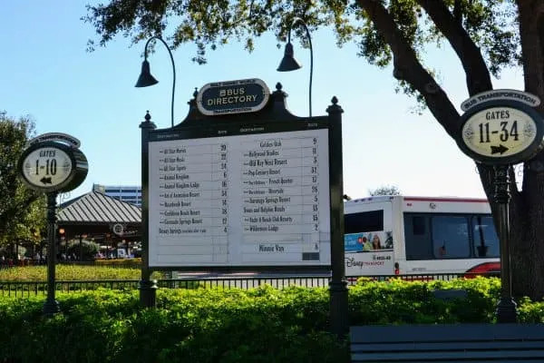 Disney World bus stop directory sign at a theme park