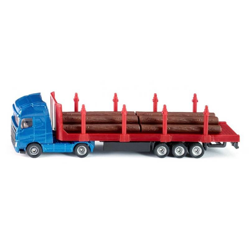 Close-up of the Log Transporter Double Die-Cast Toy Vehicle showcasing its detailed design and tree trunk cargo, ideal for children's imaginative play.
