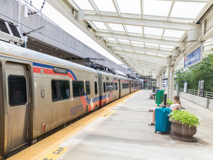 Close-up of SEPTA Regional Rail Airport Line train at PHL airport