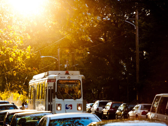 SEPTA 34 trolley moving through a West Philadelphia street