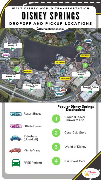 Disney Springs transportation map with parking and ride-share locations