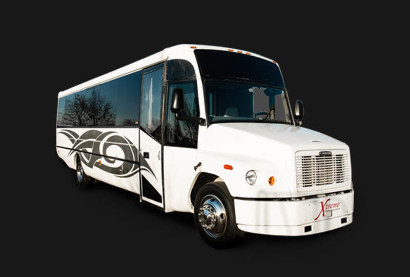 Vibrant 24 passenger party bus exterior, ready for a night of fun and xtreme transportation