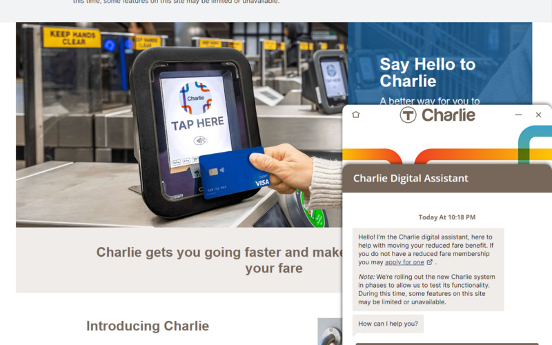 Screenshot of charlie.mbta.com the Charlie landing page and the digital assistant pop out in the bottom right corner