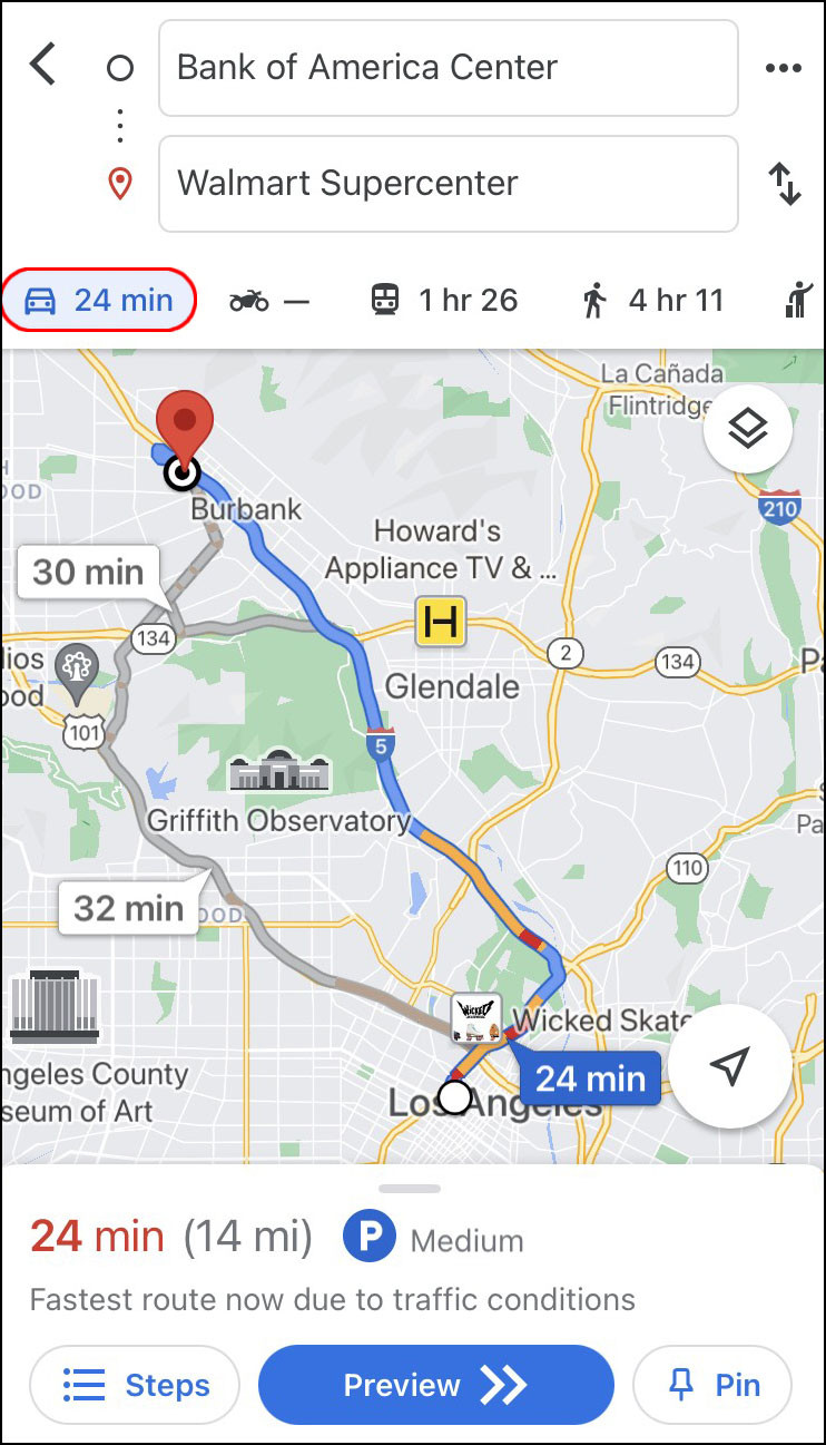 Selecting the car icon for driving mode on Google Maps iPhone