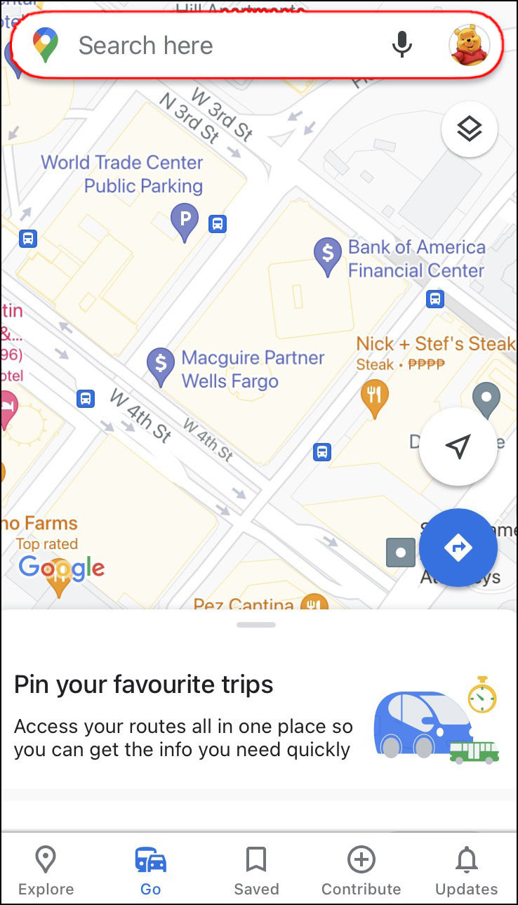 Typing a destination into the Google Maps search bar on an iPhone