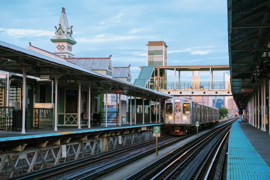 CTA train on elevated tracks in downtown Chicago