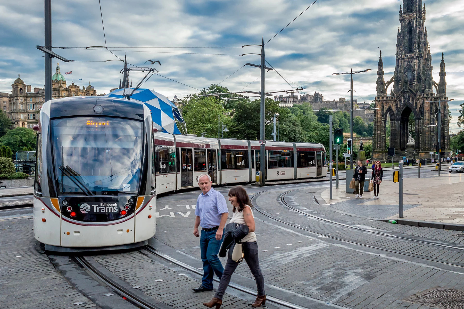 A modern tram in Edinburgh, UK
