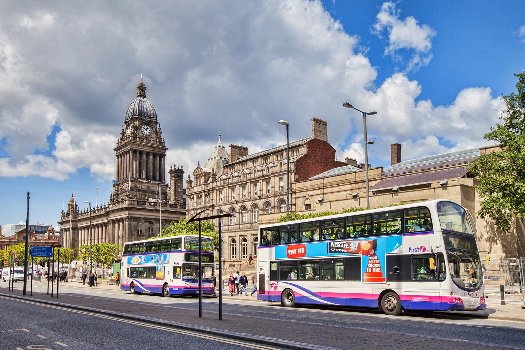 Public double-decker buses in Leeds, UK